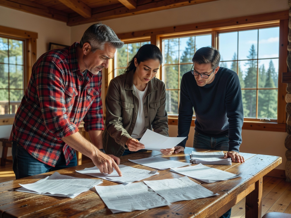 Three volunteers reviewing printed notes around a wooden table in a bright cabin room