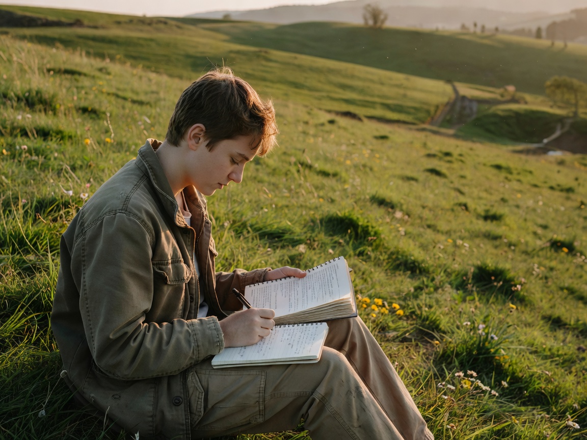 A volunteer reading a handbook and making notes while sitting on a grassy hillside
