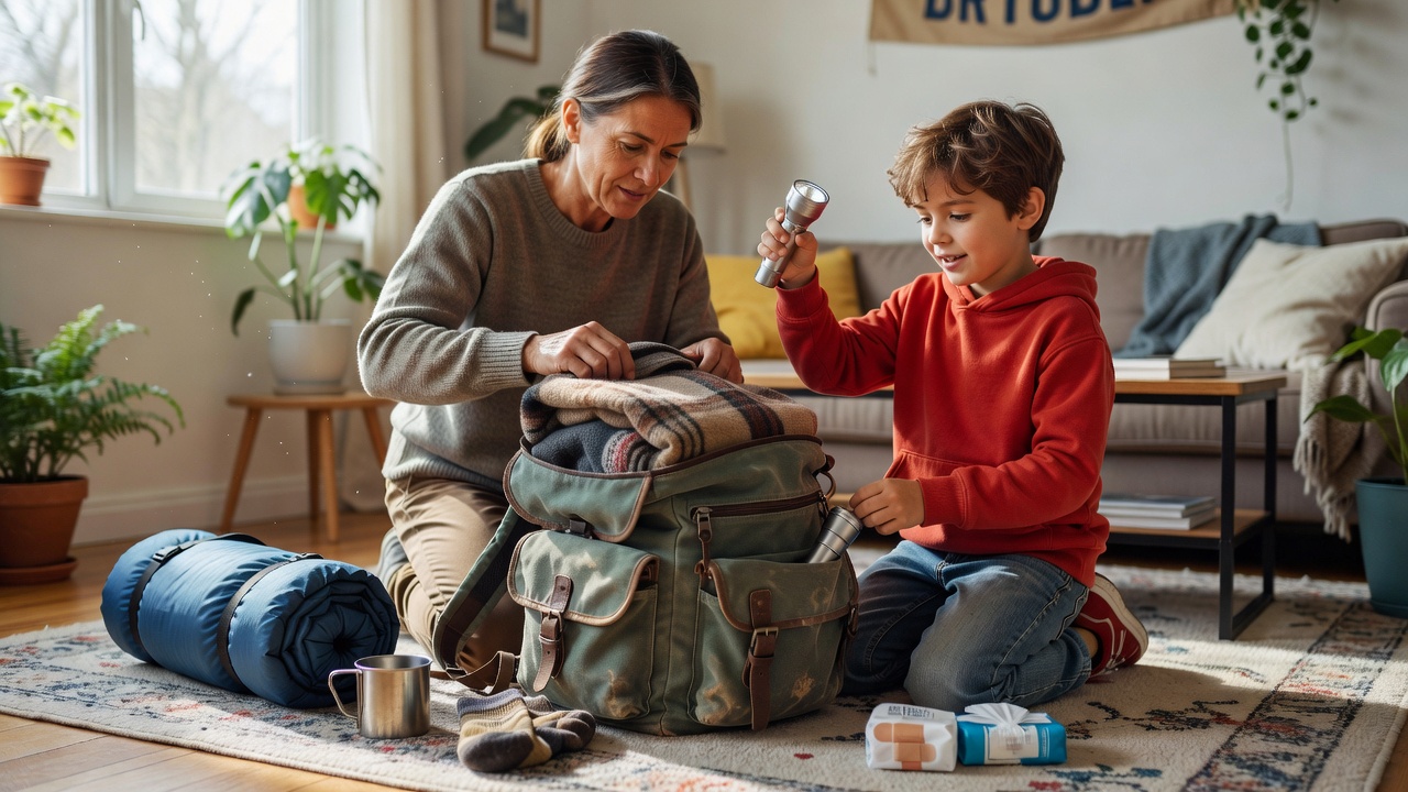 A parent and child packing a rucksack for camp on a living room floor in daylight