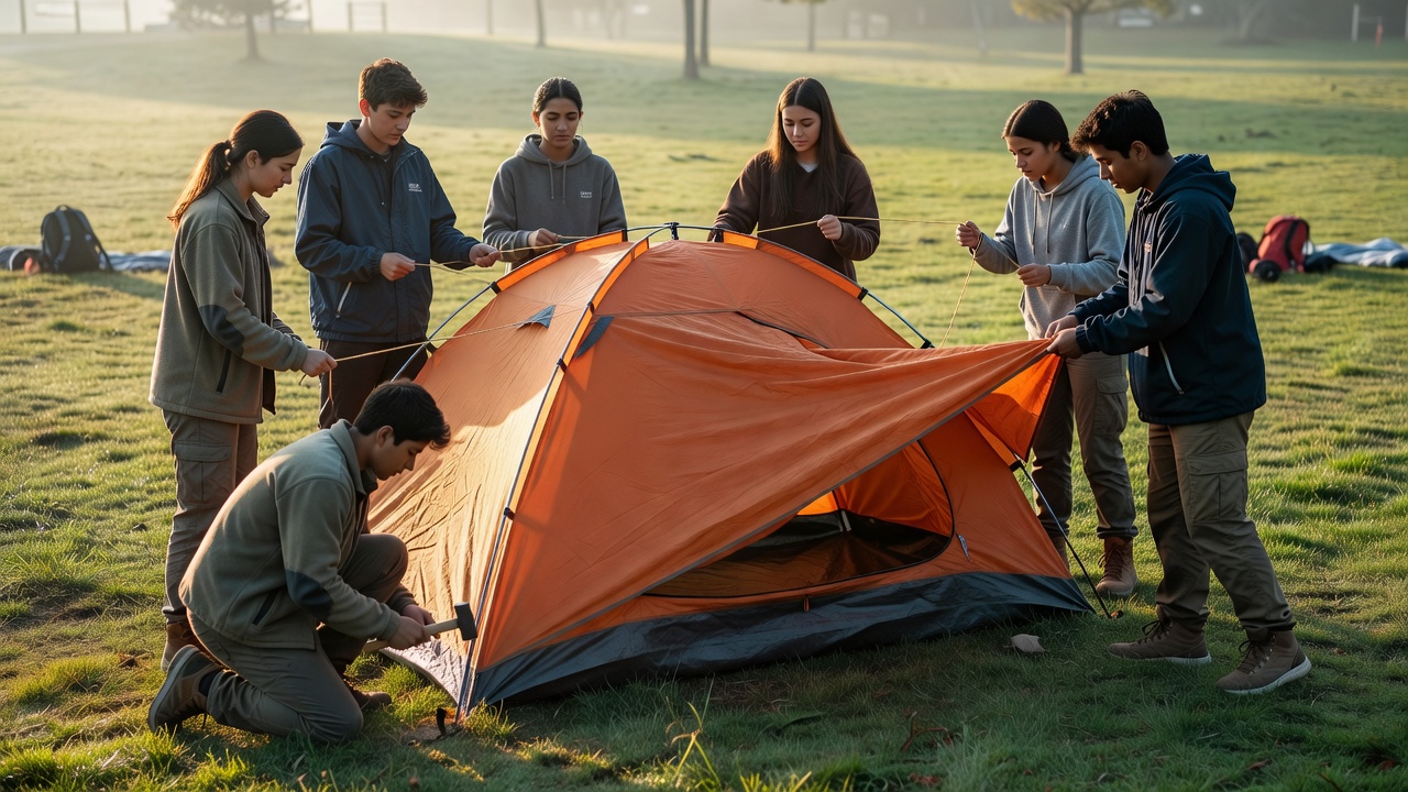 A patrol of teenagers pitching a tent together on a grassy campsite in morning light