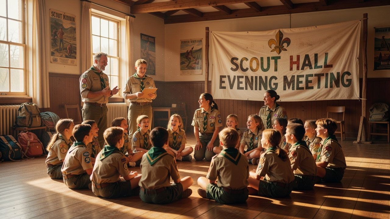 Children and volunteer leaders gathered in a sunlit scout hall at the start of a weekly meeting