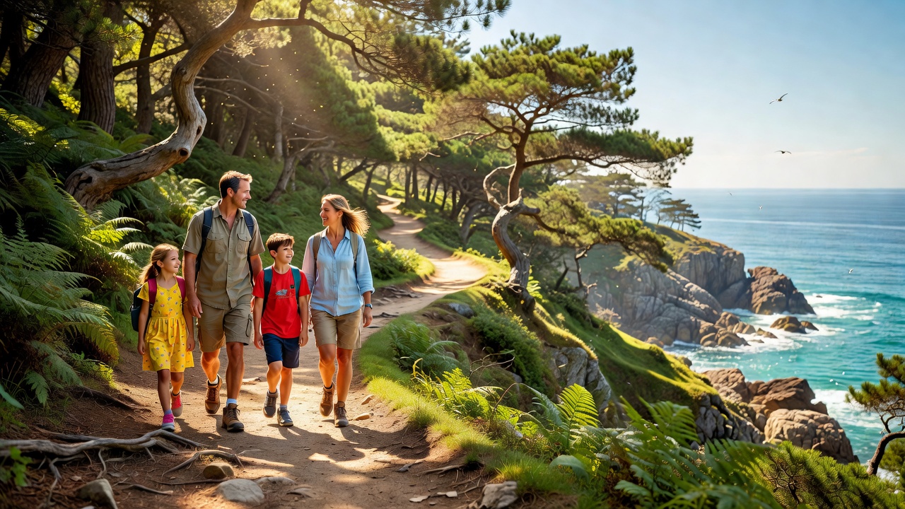 A family walking a coastal woodland path on an island on a clear summer day